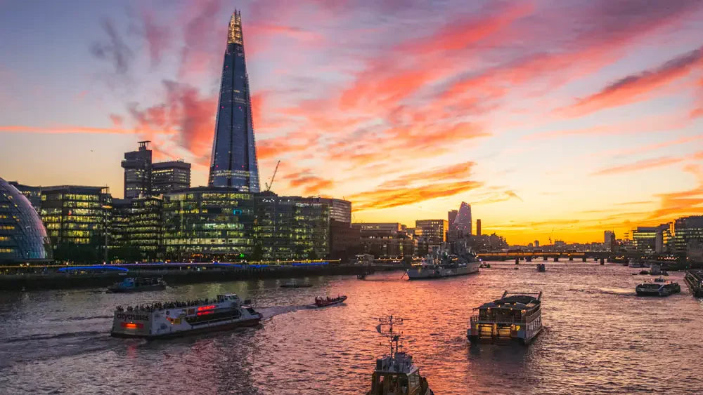 wall art of london with the Shard and boats on the Thames at sunset, fine art photography print